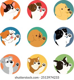 Ilustraciones simples y lindas del icono del círculo de los perros amistosos que agitan una pata