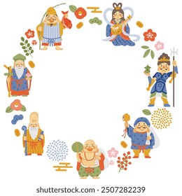 Simple and cute circular frame with illustrations of the Seven Lucky Gods