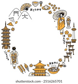 A Simple and Cute Circular Frame with Illustrations Related to Kyoto Prefecture (Two colors)

The Japanese characters mean "Welcome, it's really delicious, heartwarming, and mean."