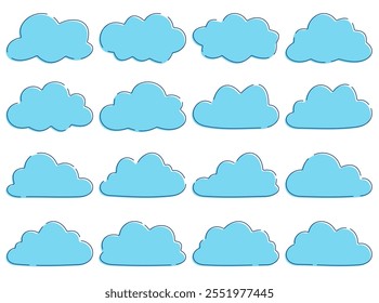Simple and cute cloud vector illustration set in blue color, cloud vector set with blue color in hand drawn style isolated on a white background