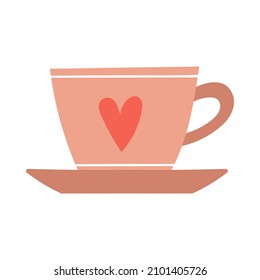 Una simple taza de café con corazón y platillo. Elemento decorativo. Ilustración vectorial aislada en un fondo blanco.