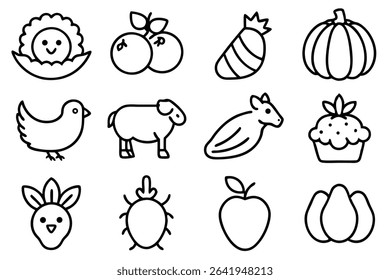 Simple and cute collection of farm icons and harvest icons in outlined black and white style