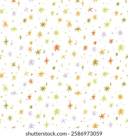 Simple cute colorful stars seamless pattern for wrapping paper. Crayon drawn stars, sparks and sparkles. Childish seamless pattern with cute small elements. Colorful starry sky background.