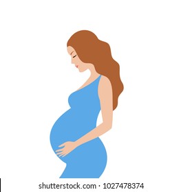 Simple cute colorful vector illustration of pregnant brown hair woman in blue dress on white background.