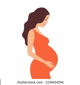 Simple cute colorful vector illustration of pregnant brown hair woman in orange dress on white background. Vector illustration