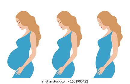 Simple cute colorful vector illustration of blonde pregnant women with different hairstyle in blue dress. 3 trimesters during pregnancy. Vector illustration