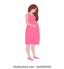 Simple cute colorful vector illustration of pregnant women in pink dress.  