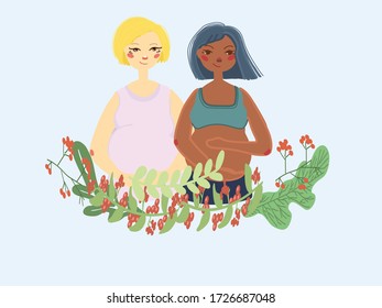 Simple cute colorful vector Illustration of two pregnant women with different hair style, blonde and colorful blue hair, girls surrounded by flowers