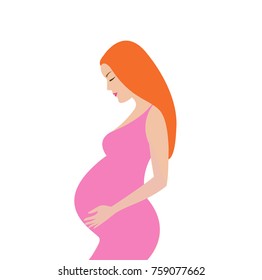 Simple cute colorful vector illustration of pregnant redhead women in pink dress. 