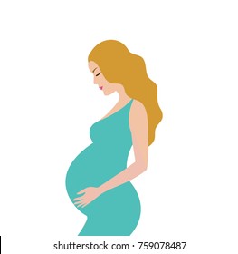 Simple cute colorful vector illustration of pregnant blond hair woman in green dress. 