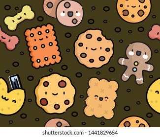 Simple cute cookie and biscuit flat vector pattern on brown background.