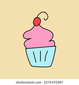 Simple and cute cupcake with pink frosting and cherry on the top, vector illustration