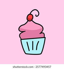 Simple and cute cupcake with pink frosting and cherry on the top. business logo or sign. vector illustration