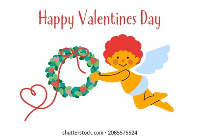 A simple and cute Cupid illustration with a wreath with a heart ribbon.Easy-to-use vector material.