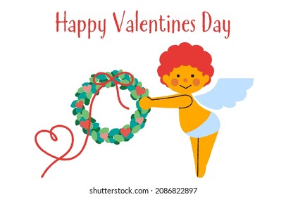 A simple and cute Cupid illustration with a wreath with a heart ribbon.Easy-to-use vector material.