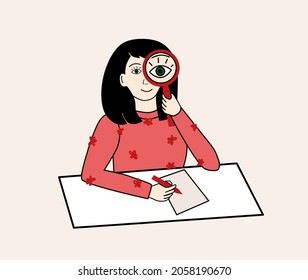 Simple cute dark haired girl with red sweater looking through the magnifying glass and writing on paper at the table. Education and research concept.