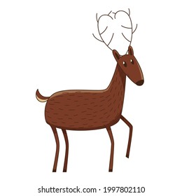 A simple cute deer. Forest wild mammal animal. Decorative element with an outline. Doodle, hand-drawn. Flat design. Color vector illustration. Isolated on a white background