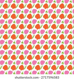 A simple, cute, ditsy floral seamless pattern featuring stylized cartoon tulips in red coral hues with green leaves on a white background, ideal for fabric, textiles, or children's designs.
