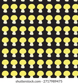 Um padrão simples, bonito, elegante sem emenda de cogumelos apresentando fungos estilizados em amarelo com hastes brancas em um fundo preto sólido, perfeito para tecidos ou desenhos têxteis.
