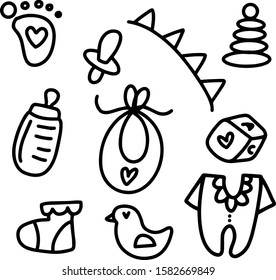Simple cute doodle set of children toys icons. Simple toys for kids. Hand drawn vector illustration. Isolated on white background

