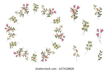 Simple cute doodle style bouquets. Decorative wreath. Elements of mini bouquets. Isolated object on a white background. Hand drawing.