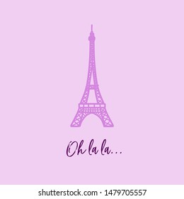 Simple cute and dreamy feminine hand drawn illustration of Parisian symbol Eiffel tower and "Oh la la..." lettering on purple background