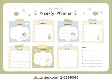 Planner semanal simple de pato a mano dibujado en acuarela