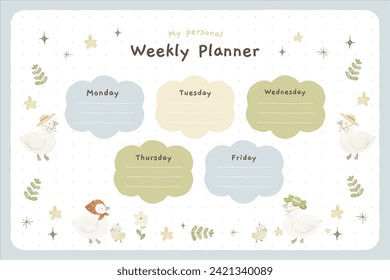 Simple Cute Duck Hand drawn Weekly Planner in Watercolor Style
