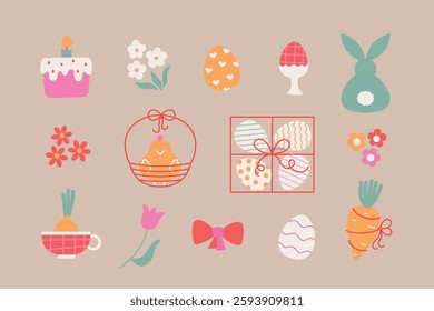 Simple cute Easter eggs, chick, bunny, cake. Cartoon modern vector Easter illustrations for sticker, card, invitation, holiday merch.