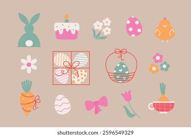 Simple cute Easter elements set with carrot, eggs, animals. Cartoon vector Easter illustrations for merch, card, sticker, decoration.