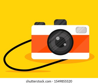 Simple cute elegant object, White and orange vintage camera. Flat style. Backdrop or background design