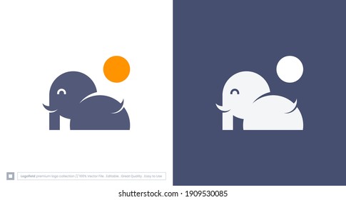 simple cute Elephant logo,  modern elephant logo design with the sun, water, children element