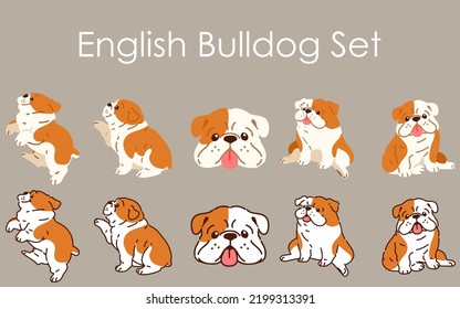 Conjunto de ilustraciones de Bulldog en inglés simples y lindas