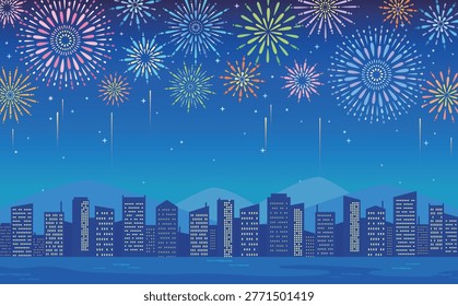 Simple and cute fireworks background illustration with cityscape, river, and mountains
