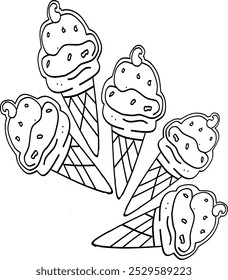 simple cute five of ice creams, clean thick black and white outline only, kids colouring book for age 5-10 years old