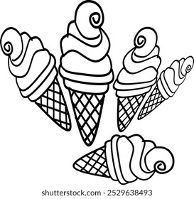 simple cute five of ice creams handrawn, clean thick black and white outline only, kids colouring book for age 5-10 years old