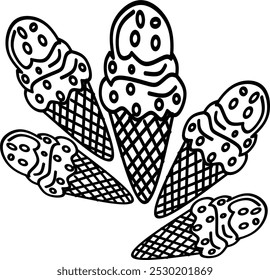 simple cute five of ice creams, clean thick black and white outline only, kids colouring book for age 5-10 years old, and easy to draw