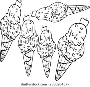 simple cute five of ice creams, clean thick black and white outline only, kids coloring book for age 5-10 years old, and easy to draw