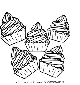 simple cute five  of ice creams or cupcakes , clean thick black and white outline only, kids coloring book for age 5-10 years old, and easy to draw