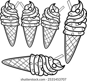 simple cute five of ice creams, clean thick black and white outline only, easy to draw and for kids colouring book at age 5-10 years old