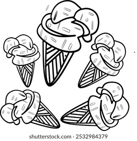 simple cute five of ice creams, clean thick black and white outline only, easy to draw and for kids colouring book at age 5-10 years old