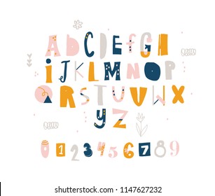 Simple cute flat alphabet and numbers for kids.