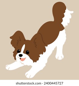 Simple and cute flat colored illustration of Papillon being playful