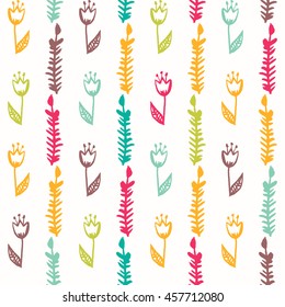 Simple cute floral background with flowers and branches. Seamless pattern for your design.