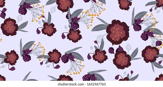 Simple cute floral bouquet vector pattern with small and medium flowers and leaves. 