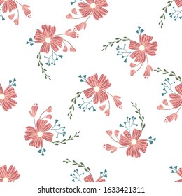 Simple cute floral bouquet vector pattern with small and medium flowers and leaves. 