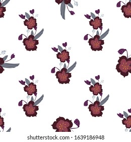 Simple cute floral bouquet vector pattern with small and medium flowers and leaves. 