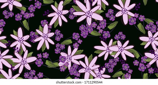 Simple cute floral bouquet vector pattern with small and medium flowers and leaves.