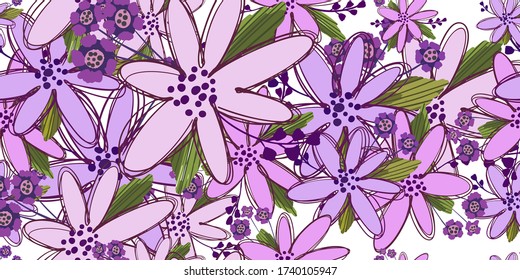 Simple cute floral bouquet vector pattern with small and medium flowers and leaves.