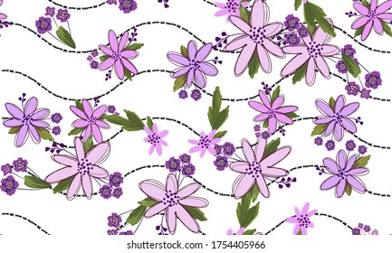 Sencillo patrón vectorial de ramo floral adorable con flores y hojas pequeñas y medianas.